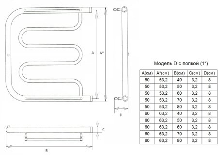 Полотенцесушитель водяной ДВИН D фокстрот 60/50 c полкой, хром 