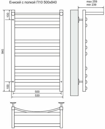Водяной полотенцесушитель Terminus Енисей плюс П10 500x840 4620768886706 с полкой Хром 