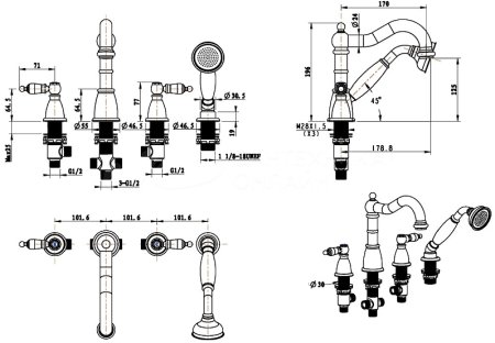 Смеситель на борт ванны Boheme Royal Cristal 395-Royal/CRST Золото 