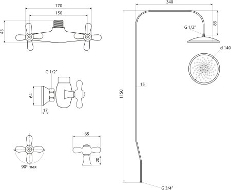 Смеситель Славен для душа со стационарной пластиковой душевой сеткой, двуручный (СЛ-ДВ-О32) 